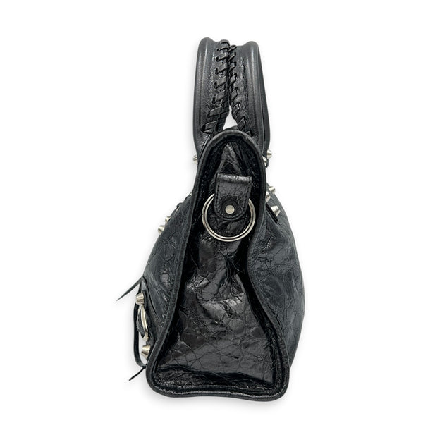 City Small Grey Top Handle Bag in Distressed Leather, Silver hardware