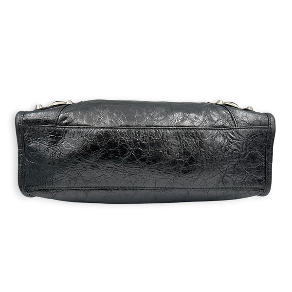 City Small Grey Top Handle Bag in Distressed Leather, Silver hardware