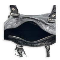 City Small Grey Top Handle Bag in Distressed Leather, Silver hardware