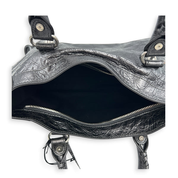 City Small Grey Top Handle Bag in Distressed Leather, Silver hardware