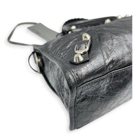 City Small Grey Top Handle Bag in Distressed Leather, Silver hardware