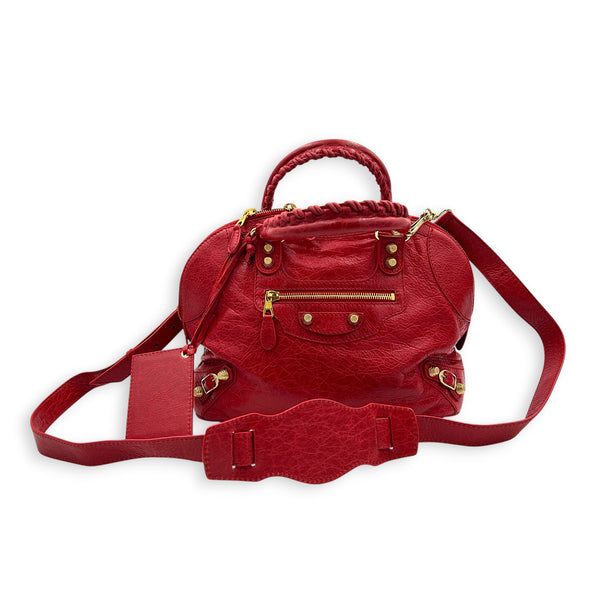 City Top Handle Bag Red in Distressed Leather, Gold hardware