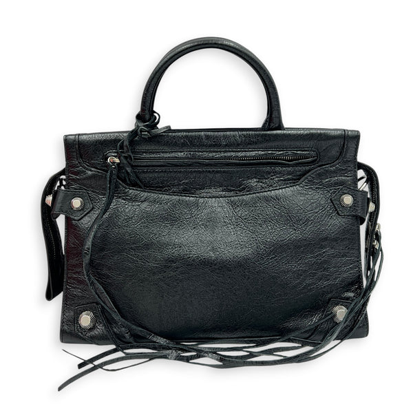 City Top Handle Bag Small Noir in Distressed Leather, Silver hardware