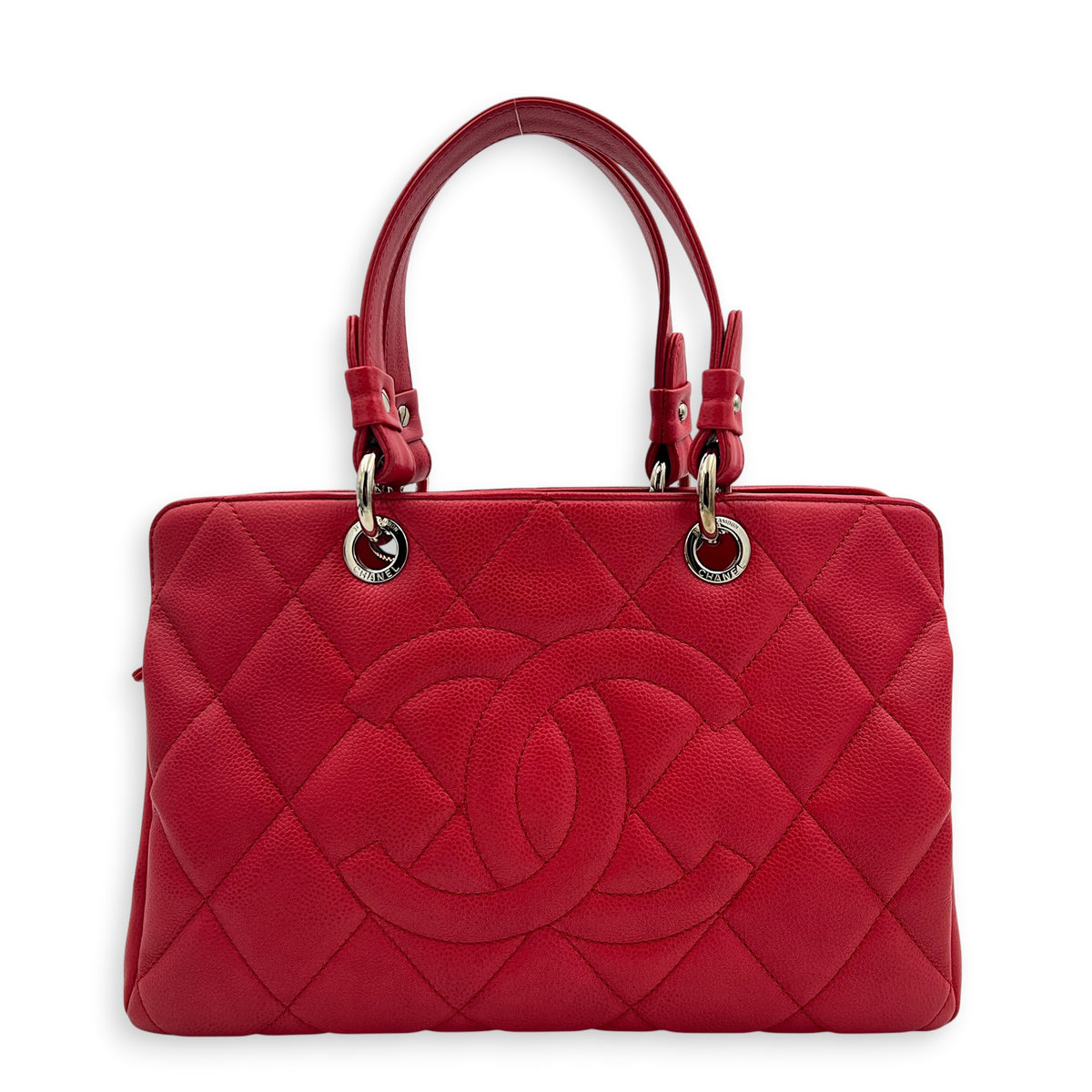 CC Tote Bag Red in Caviar Leather, Silver hardware