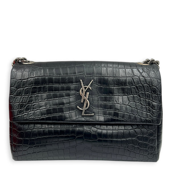 West Hollywood  Shoulder Bag Black in Crocodile Embossed Calfskin, Silver hardware