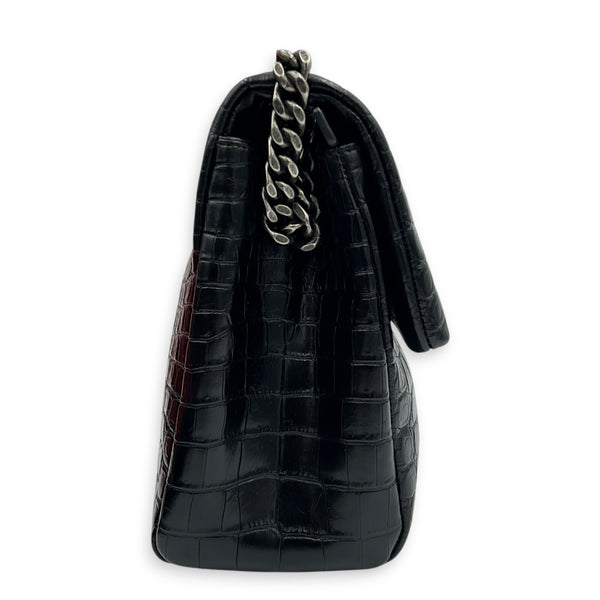 West Hollywood  Shoulder Bag Black in Crocodile Embossed Calfskin, Silver hardware