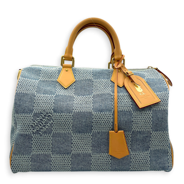 Speedy Top Handle Bag 40 Damier Giant Denim in Denim, Gold hardware