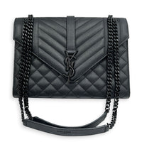Envelope Black Shoulder Bag in Caviar Leather, Gunmetal hardware