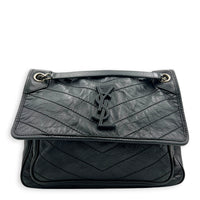 Niki Shoulder Bag Medium Black in Distressed Leather, Gunmetal hardware