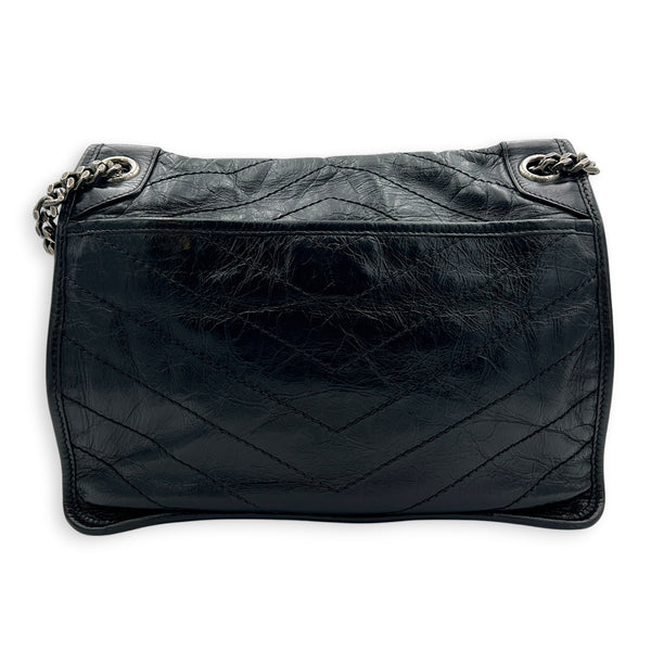 Niki Shoulder Bag Medium Black in Distressed Leather, Gunmetal hardware
