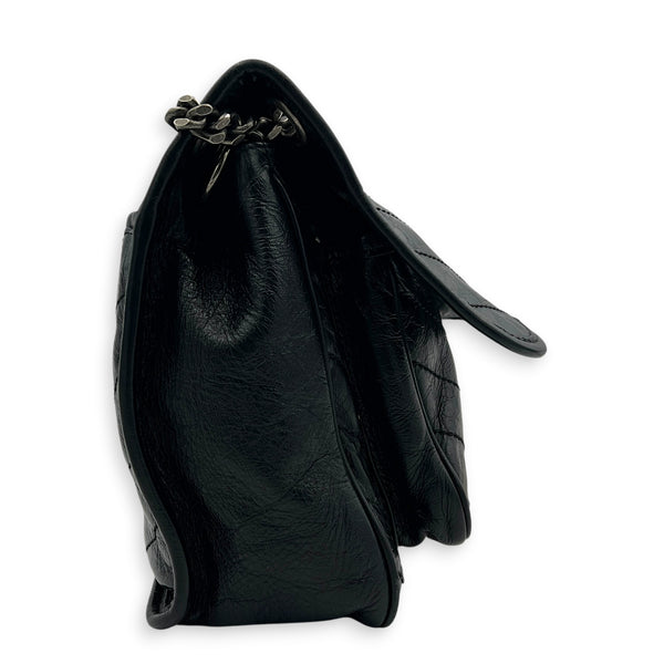 Niki Shoulder Bag Medium Black in Distressed Leather, Gunmetal hardware