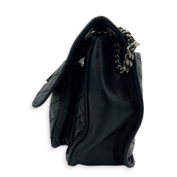 Niki Shoulder Bag Medium Black in Distressed Leather, Gunmetal hardware