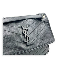 Niki Shoulder Bag Medium Black in Distressed Leather, Gunmetal hardware
