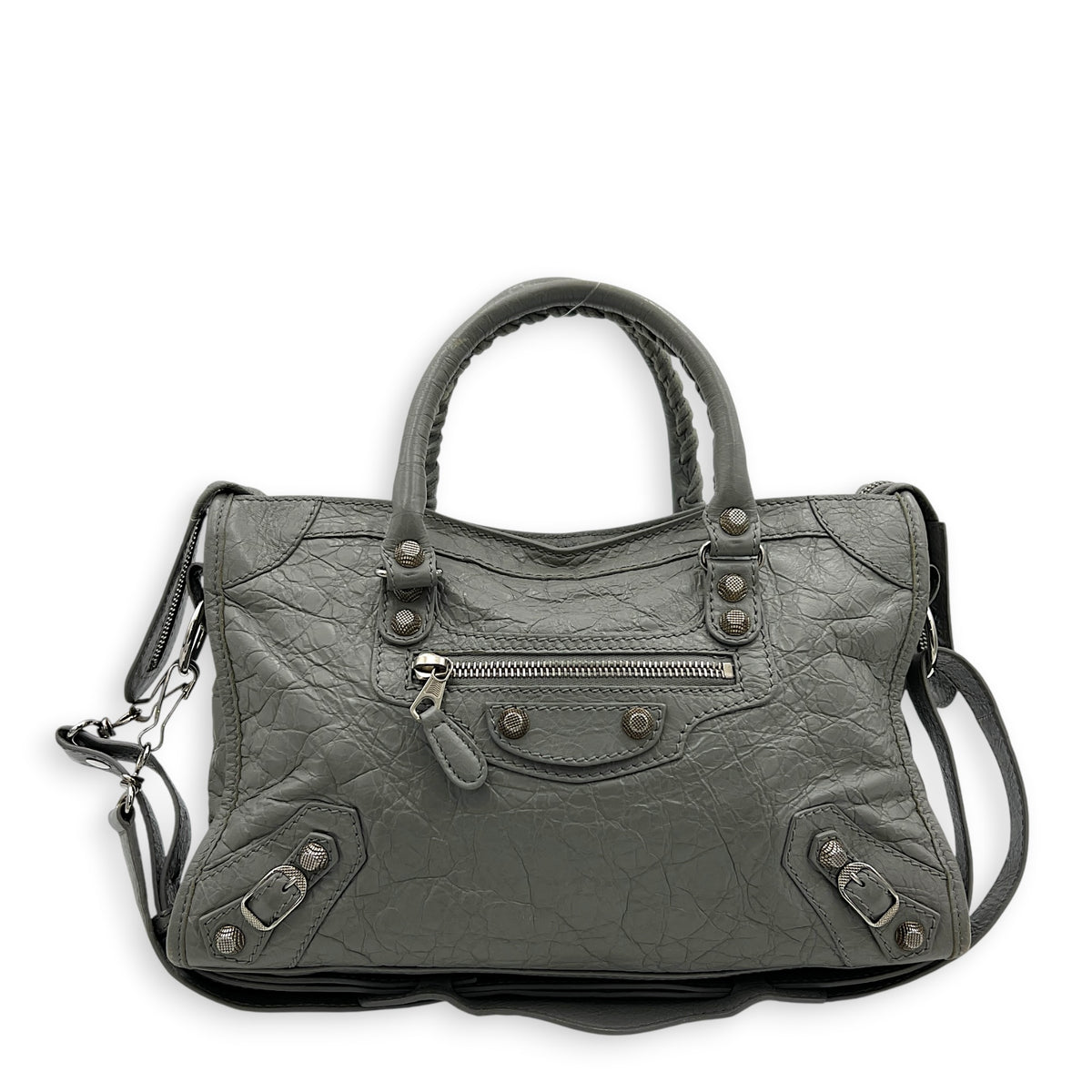 City Small Grey Shoulder Bag in Distressed Leather, Silver hardware