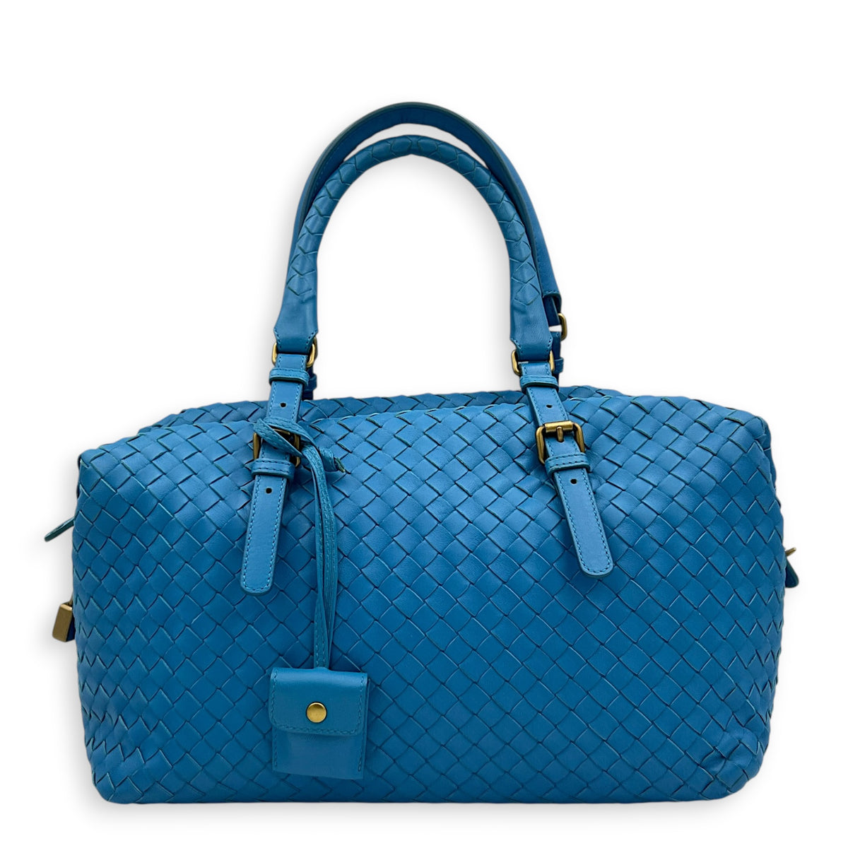 Intrecciato Top Handle Bag Cobalt Blue in Intrecciato Leather, Antique Brass hardware