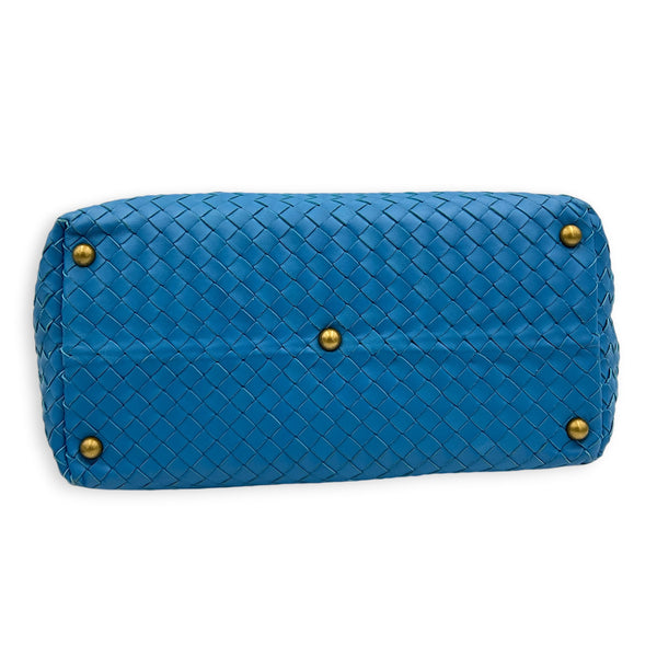 Intrecciato Top Handle Bag Cobalt Blue in Intrecciato Leather, Antique Brass hardware