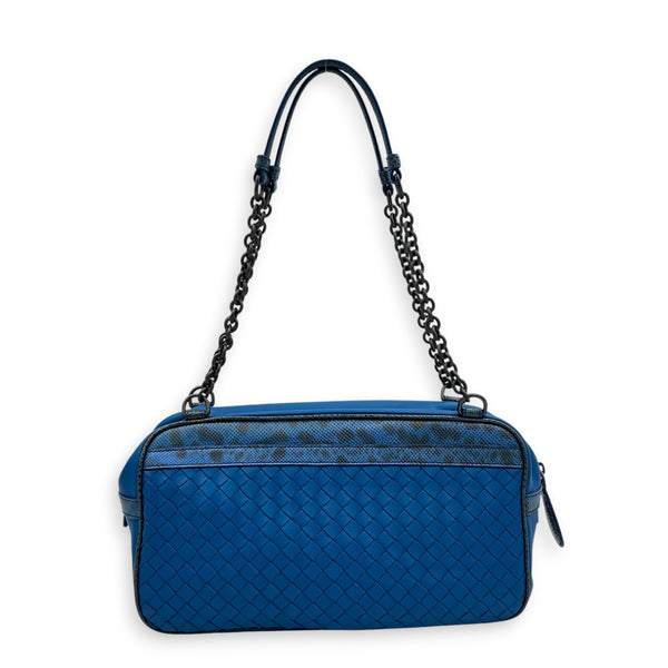 Intrecciato Blue Camera Bag in Intrecciato Leather, Gunmetal hardware