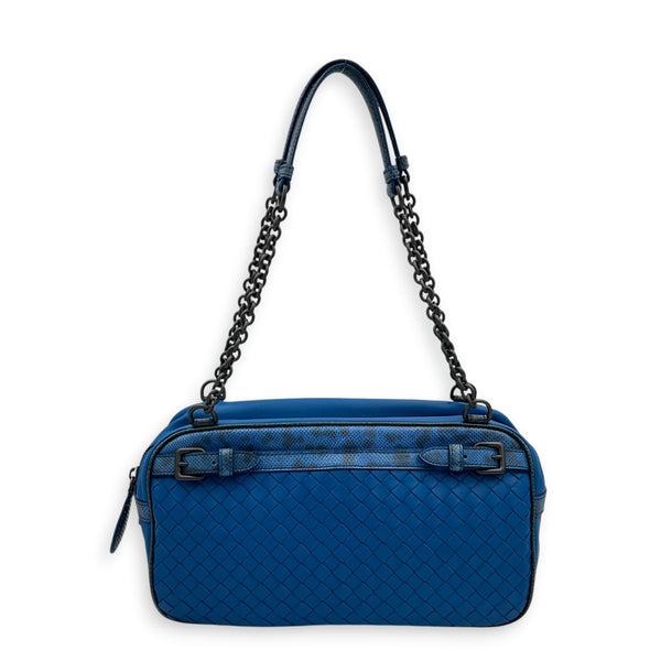 Intrecciato Blue Camera Bag in Intrecciato Leather, Gunmetal hardware