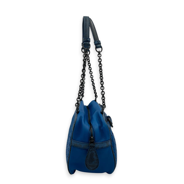 Intrecciato Blue Camera Bag in Intrecciato Leather, Gunmetal hardware