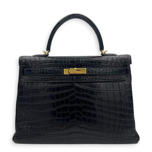 Kelly 35 Black Top Handle Bag in Matte Niloticus, Gold hardware