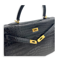Kelly 35 Black Top Handle Bag in Matte Niloticus, Gold hardware