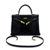 Kelly 35 Black Top Handle Bag in Matte Niloticus, Gold hardware