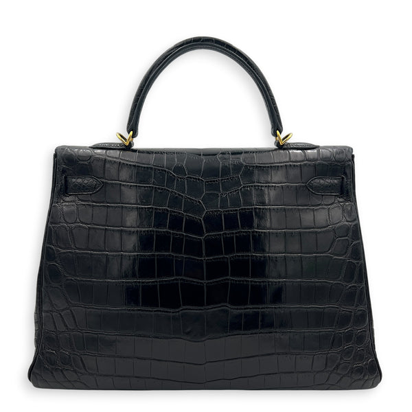 Kelly 35 Black Top Handle Bag in Matte Niloticus, Gold hardware