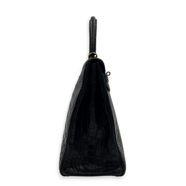 Kelly 35 Black Top Handle Bag in Matte Niloticus, Gold hardware