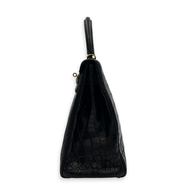 Kelly 35 Black Top Handle Bag in Matte Niloticus, Gold hardware