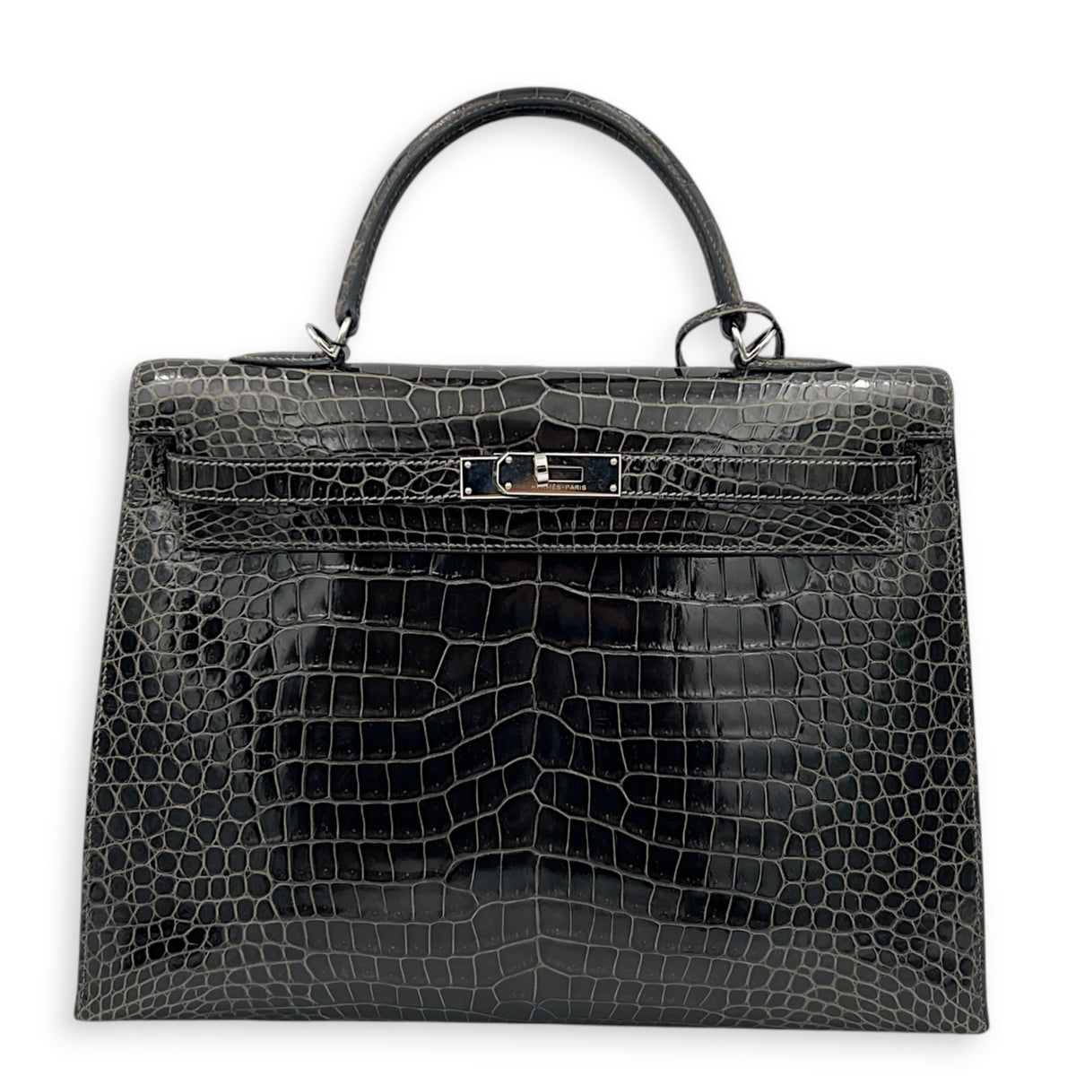 Kelly 35 Graphite Top Handle Bag in Shiny Porosus, Palladium hardware