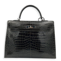 Kelly 35 Graphite Top Handle Bag in Shiny Porosus, Palladium hardware