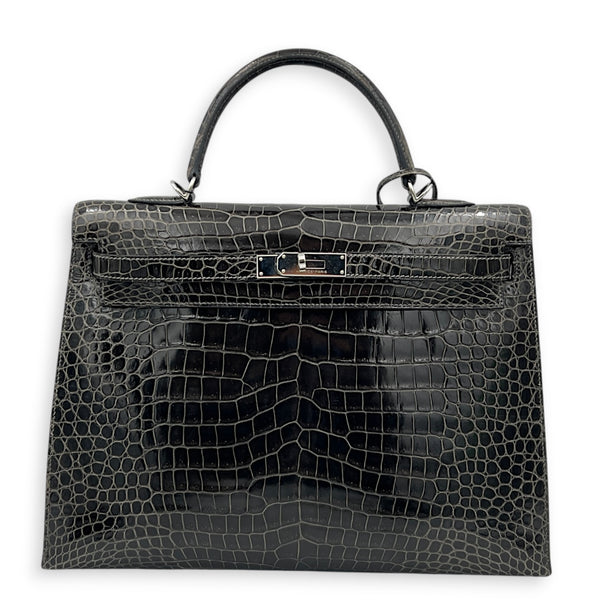 Kelly 35 Graphite Top Handle Bag in Shiny Porosus, Palladium hardware
