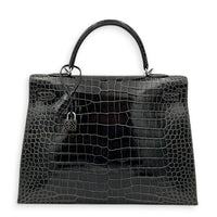 Kelly 35 Graphite Top Handle Bag in Shiny Porosus, Palladium hardware