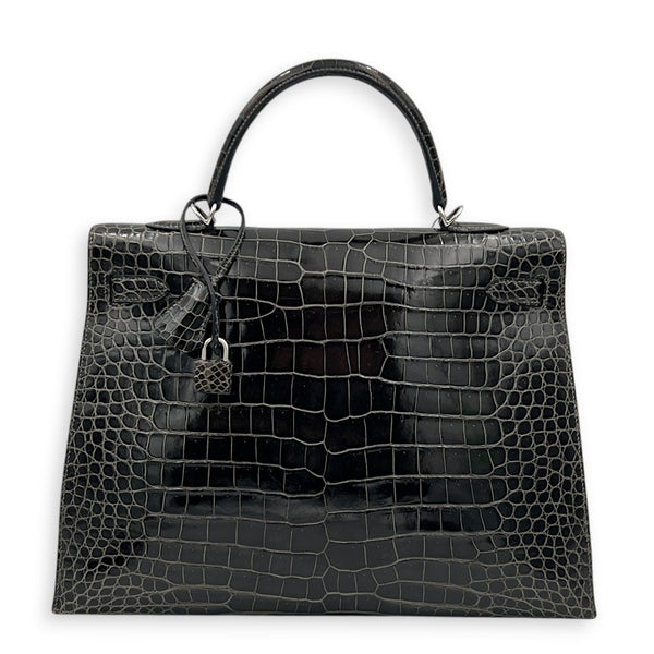 Kelly 35 Graphite Top Handle Bag in Shiny Porosus, Palladium hardware
