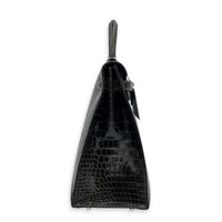 Kelly 35 Graphite Top Handle Bag in Shiny Porosus, Palladium hardware