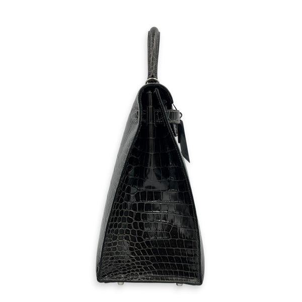 Kelly 35 Graphite Top Handle Bag in Shiny Porosus, Palladium hardware