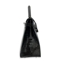 Kelly 35 Graphite Top Handle Bag in Shiny Porosus, Palladium hardware