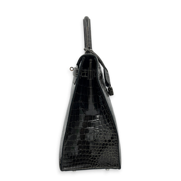 Kelly 35 Graphite Top Handle Bag in Shiny Porosus, Palladium hardware