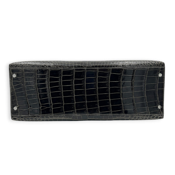 Kelly 35 Graphite Top Handle Bag in Shiny Porosus, Palladium hardware