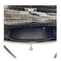 Kelly 35 Graphite Top Handle Bag in Shiny Porosus, Palladium hardware