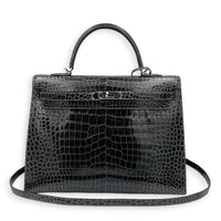Kelly 35 Graphite Top Handle Bag in Shiny Porosus, Palladium hardware