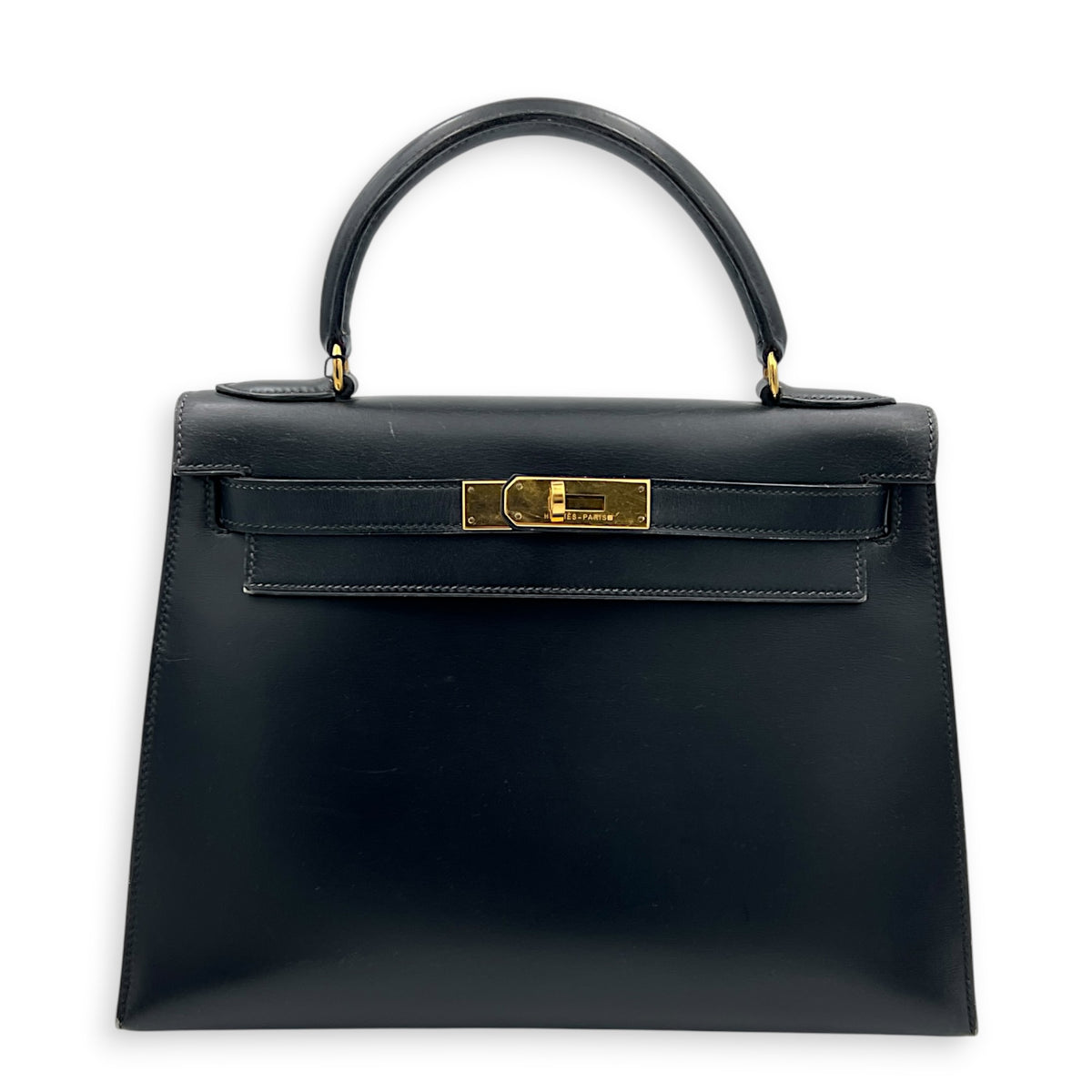 Kelly 28 Black Top Handle Bag in Box Calfskin, Gold hardware