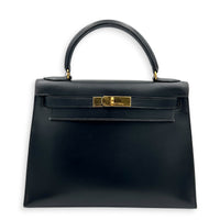 Kelly 28 Black Top Handle Bag in Box Calfskin, Gold hardware