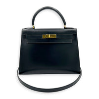 Kelly 28 Black Top Handle Bag in Box Calfskin, Gold hardware