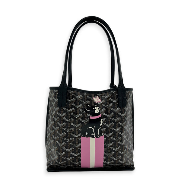 Anjou Top Handle Bag Mini Black in Coated Canvas, Silver hardware