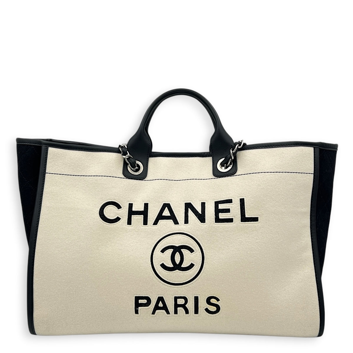 Deauville Large White Top Handle Bag in Felt, Silver hardware