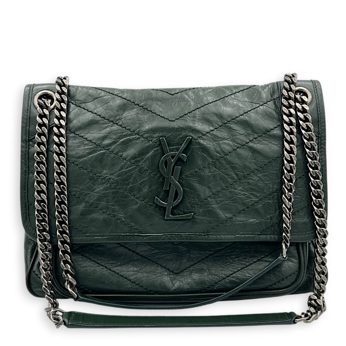 Niki Shoulder Bag Medium Green in Distressed Leather, Monochrome hardware