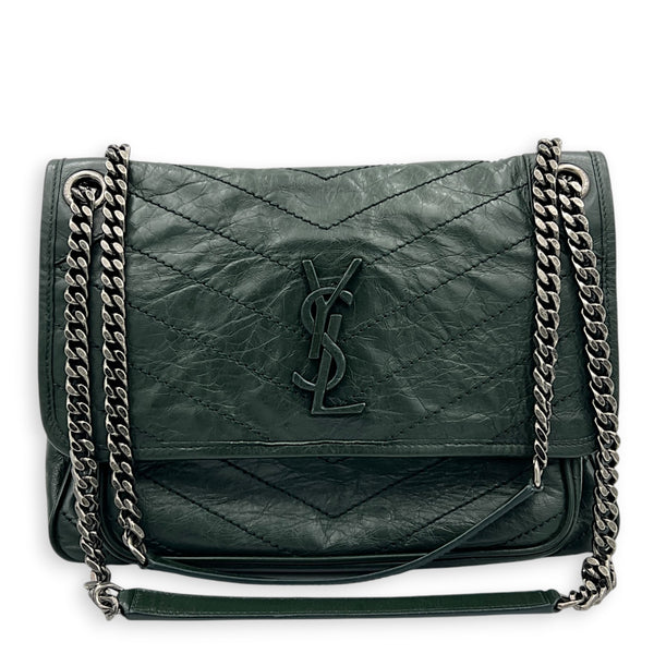 Niki Shoulder Bag Medium Green in Distressed Leather, Monochrome hardware