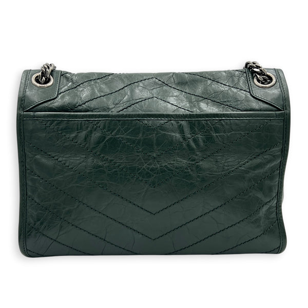 Niki Shoulder Bag Medium Green in Distressed Leather, Monochrome hardware