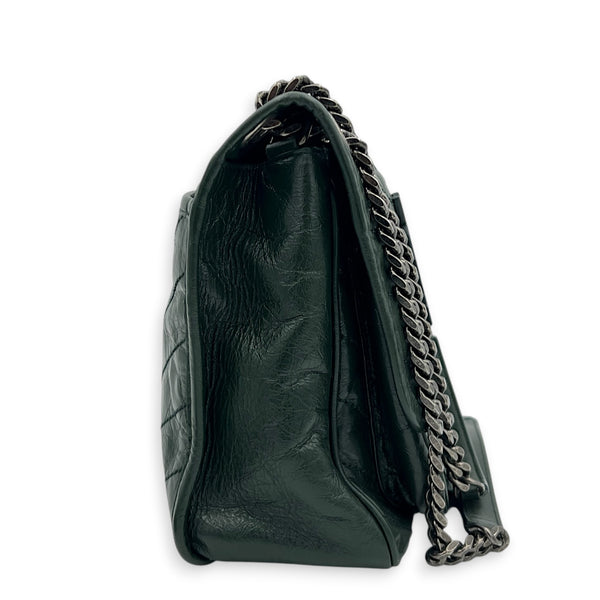 Niki Shoulder Bag Medium Green in Distressed Leather, Monochrome hardware